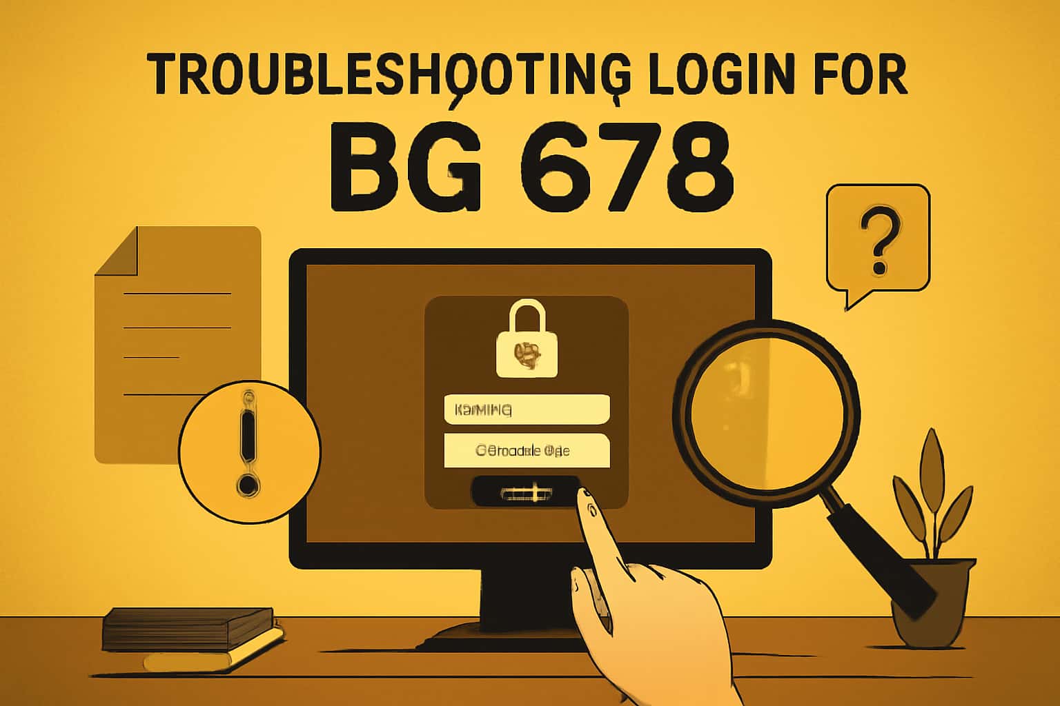 An informative scene illustrating troubleshooting steps for BG 678 login issues.